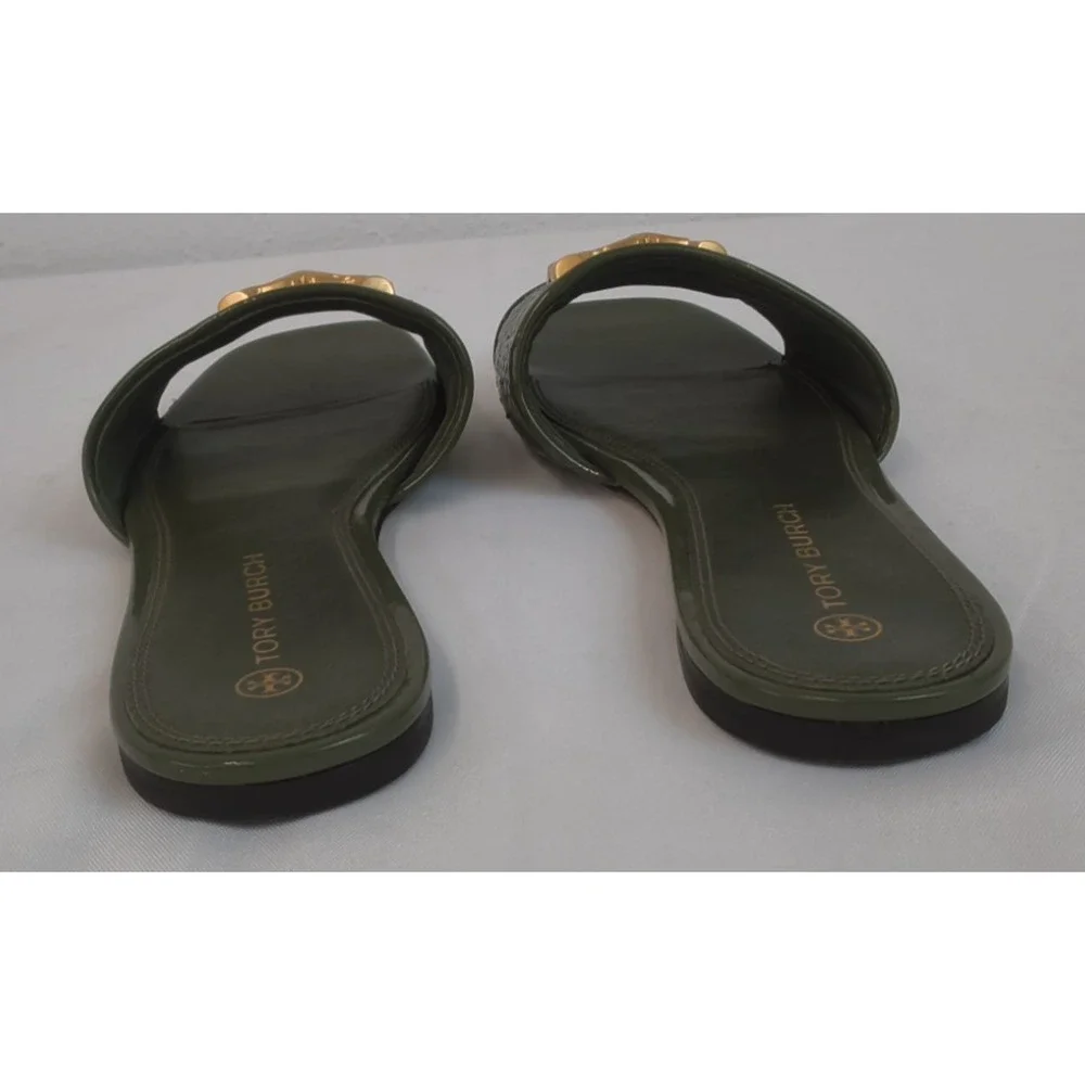 Tory Burch Eleanor Size 9.5M Stamped Snake Leather Green Gold Logo Flats #W5191